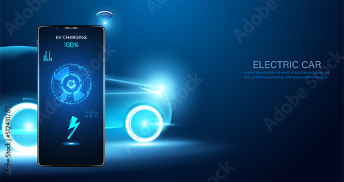Abstract electric cars In the illustration, electric cars are powered by electric energy concept phone EV charger. Future energy.on blue background
