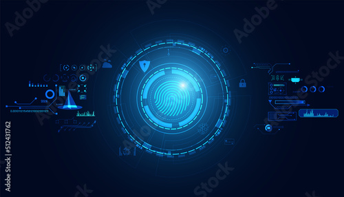 Abstract fingerprint on digital blue background concept safe data protection hud interface hologram elements of digital data chart, communication, computing and circle percent vitality innovation.