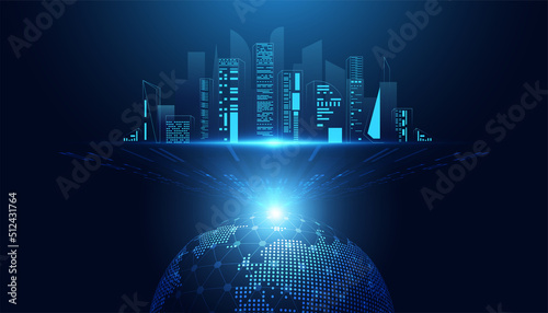 abstract smart city building modern blue and world on a modern background futuristic digital