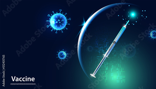 Abstract The discovery of new viruses, bacteria, germs Concept of preventive vaccine by syringe on a blue background.
