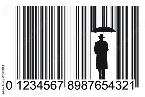 Business Concept illustrations. Commercial barcode with numbers in the form of rain. A man with an umbrella defends himself from the elements.