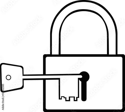 Vector illustration of a key and a padlock, drawn in black and white