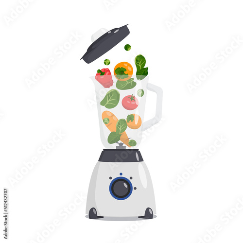 Food processor,mixer,blender with fruits,vegetables.Variety of ingredients:spinach,tomato,persimmon,carrot,red pepper,Brussels sprouts.Healthy eating.Fitness and body care concept.Smoothie preparation