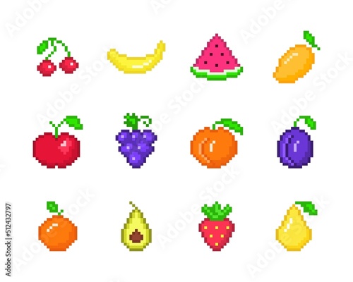 Colorful pixel fruits set. Simple ripe peach with red strawberries and blue grapes. Yellow sweet mango with red apple and cherries for vector 8bit design