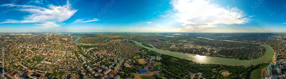 aerial view of the left bank of the Kuban River near the central part of the city of Krasnodar (South of Russia) on a sunny summer day