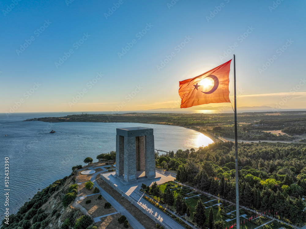 Canakkale - Turkey, Gallipoli peninsula, where Canakkale land and sea battles took place during the first world war. Martyrs monument and Anzac Cove. Photo shoot with drone in sunset landscape.