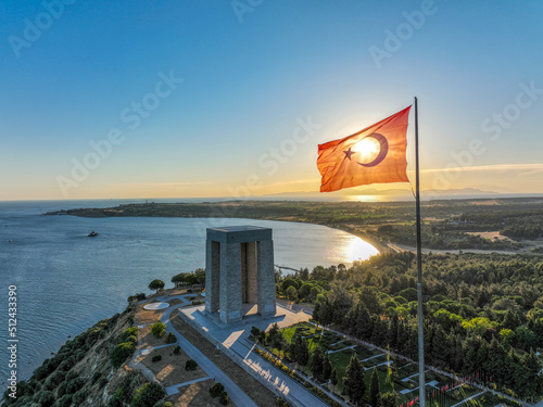 Obraz na płótnie Canakkale - Turkey, Gallipoli peninsula, where Canakkale land and sea battles took place during the first world war. Martyrs monument and Anzac Cove. Photo shoot with drone in sunset landscape. w salonie