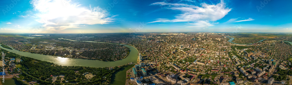 aerial view of the Kuban river and lake near the western outskirts of the city of Krasnodar (South of Russia) in a summer evening day