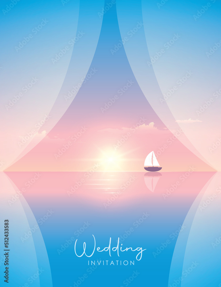 wedding invitation seascape and sailboat at sunset - obrazy, fototapety, plakaty 