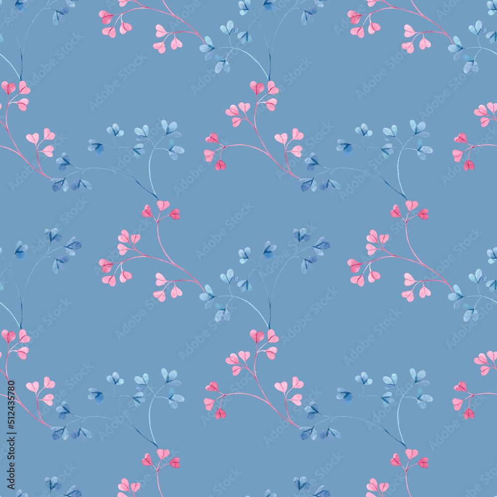 Watercolor seamless pattern with blue and pink leaf twigs, small leaves on a blue background. Botanical illustration for fabrics, dresses, interiors