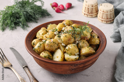 Potato salad with mustard, dill and garlic - a traditional German salad for Oktoberfest, New Year and Christmas