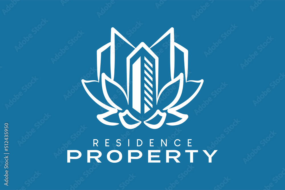 Property logo with a building icon combined with flowers in a creative concept, a logo for residential properties