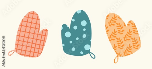 Three different oven mitts for baking, bakery and kitchen utensils. Flat design, hand drawn, cartoon.