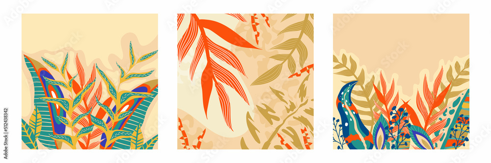 Fototapeta premium Trendy aestethic boho jungle set flyer. Abstract trendy exotic floral jungle background. Design template. Abstract nature background. Tropical foliage art cover vector.