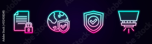 Set line Document and lock, Shield with world globe, check mark and Fire sprinkler system. Glowing neon icon. Vector