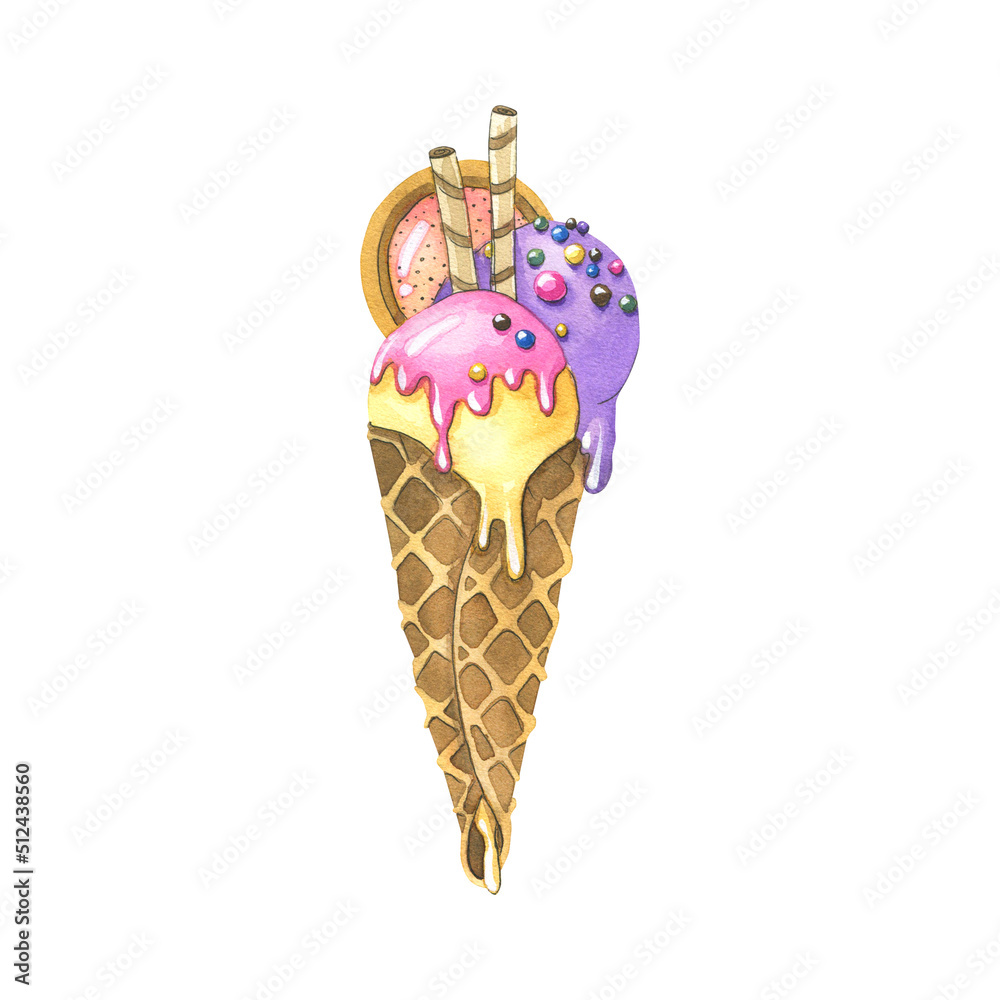 Ice cream in a waffle cone with icing, pastry sprinkles, cookies and tubes. Watercolor illustration. An isolated object from a large set of ICE CREAM. For decoration, design and of wrappers, packaging Ice cream in a waffle cone with icing, pastry sprinkles, cookies and tubes. Watercolor illustration. An isolated object from a large set of ICE CREAM. For decoration, design and of wrappers, packaging