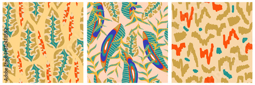 Aesthetic boho jungle seamless pattern set for print design. Boho botanical collection tropic floral background. Modern exotic floral jungle pattern. Geometric texture. Print design