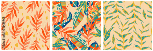 Aesthetic boho jungle seamless pattern set for print design. Boho botanical collection tropic floral background. Modern exotic floral jungle pattern. Geometric texture. Print design