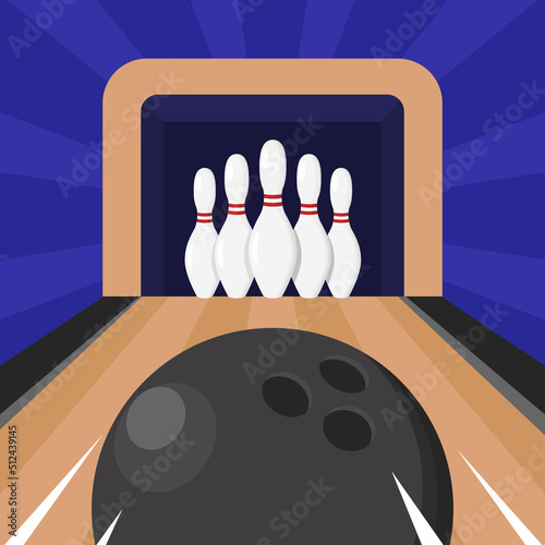 Vector bowling pins and running ball on lane. Bowling tournament illustration.