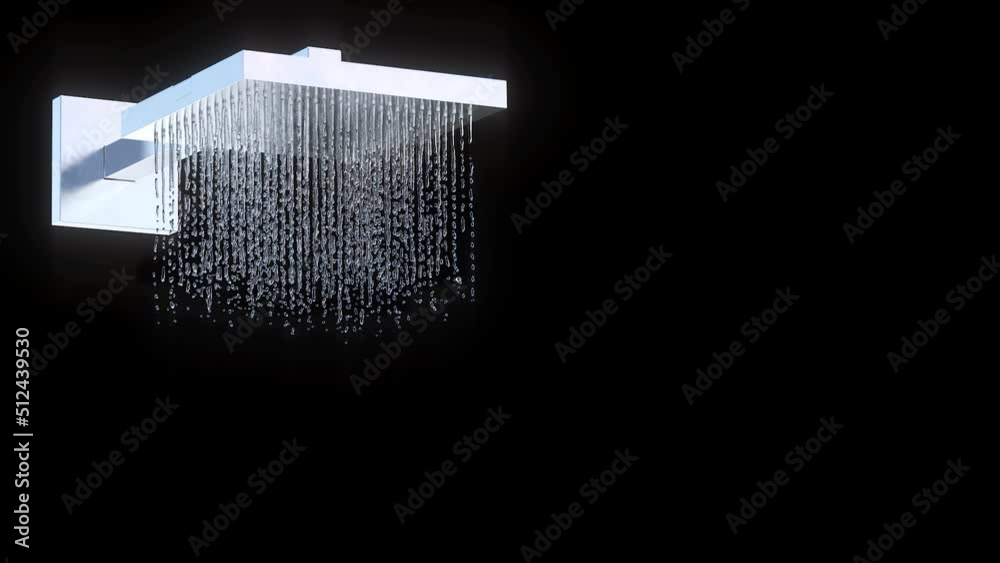 Metal shower with water on a black background. Glow effect. Copy space. 3d rendering animation
