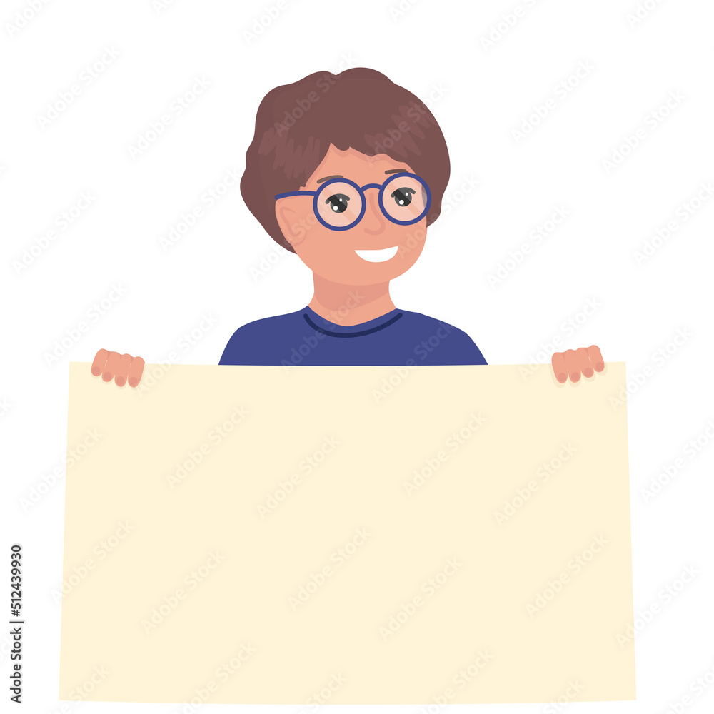 Happy Child holding poster with place for text. Smiling child with paper poster. Isolated vector illustration.