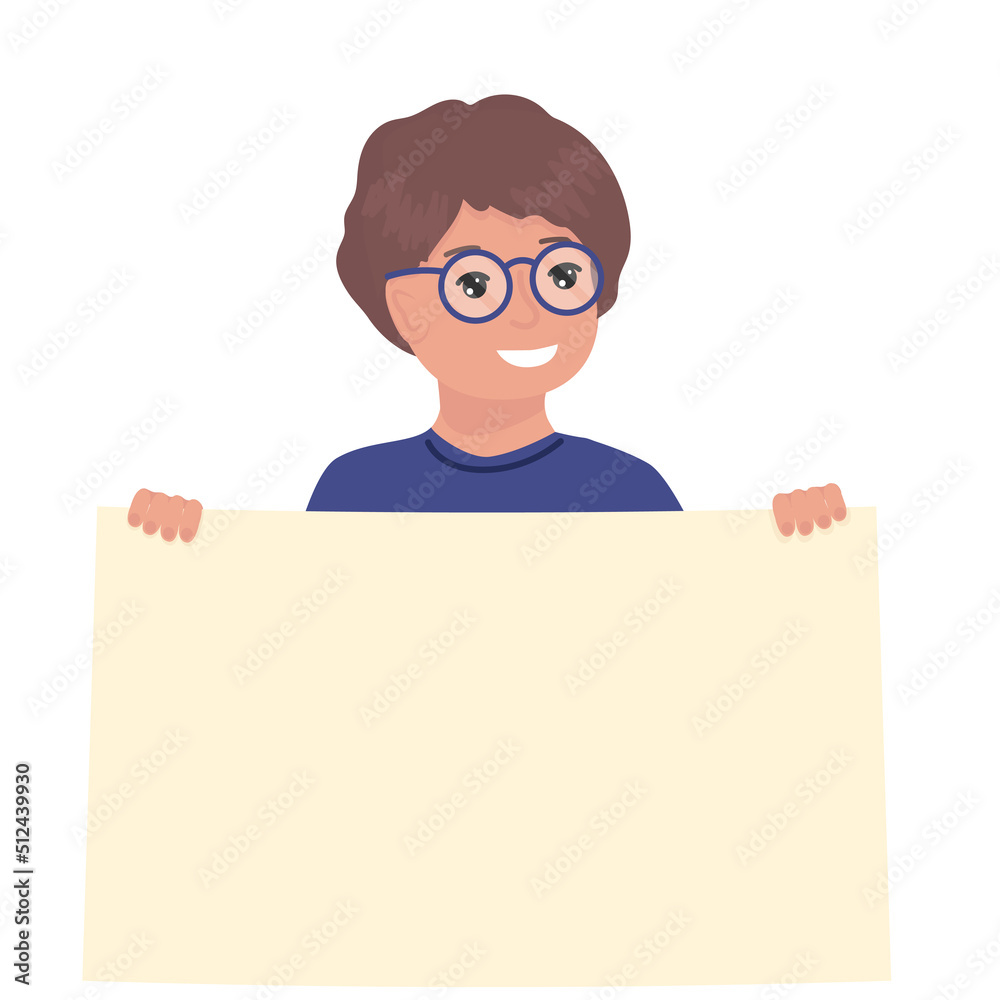 Happy Child holding poster with place for text. Smiling child with paper poster. Isolated vector illustration. Happy Child holding poster with place for text. Smiling child with paper poster. Isolated vector illustration.