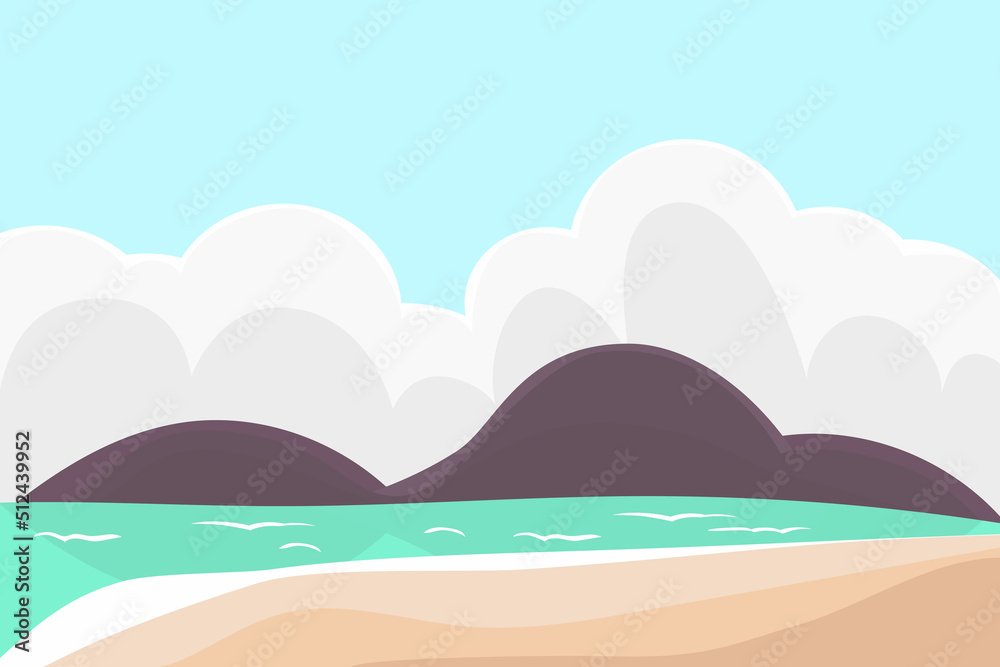 Vector illustration of beautiful summer landscape. mountains, fields, blue sky, clouds and sand. Nature background in flat cartoon style.