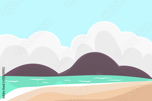 Vector illustration of beautiful summer landscape. mountains, fields, blue sky, clouds and sand. Nature background in flat cartoon style.