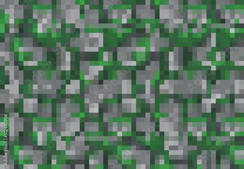 Khaki, camouflage pixel game background with grass and ground blocks. Stone wall with moss, soil and plants pixel texture. Retro computer game, eight-bit arcade platform level vector backdrop