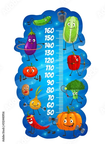 Kids height chart cartoon vegetables on fitness growth meter. Vector ruler scale with cucumber, chinese cabbage, eggplant and tomato with bell pepper. Onion, potato, broccoli and chili with pumpkin