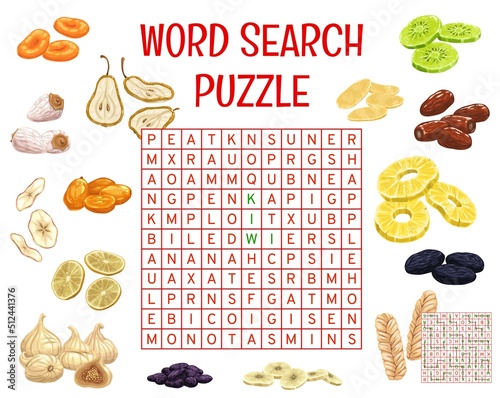 Dried fruits and snacks on word search puzzle game worksheet. Children quiz grid, logical game or kids intelligence test with vocabulary and alphabet learning activity. Child educational puzzle riddle