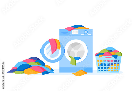 Pile of dirty clothes on floor and in laundry basket. Washing machine and liquid detergent bottle. Heap of dirty cloth. Stack of dirty apparel on laundry day. Flat illustration.