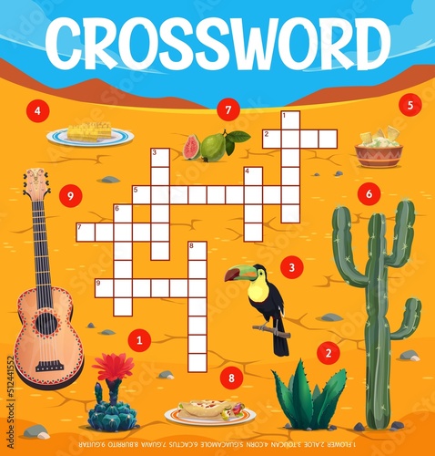 Mexican food and culture items, crossword grid or find word quiz game, vector worksheet. Crossword riddle to guess word of Mexican guitar, aloe cactus and burrito with toucan and guacamole