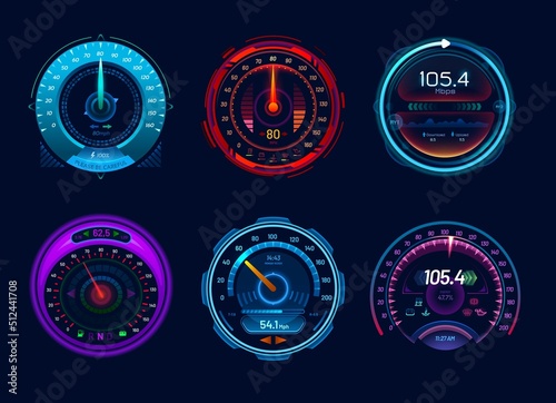 Car speedometer gauges, speed meter neon digital display dials. Isolated vector auto vehicle dashboard indicators, internet download and upload test scale, futuristic speed measurement