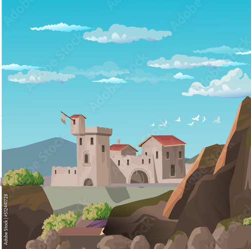 Postcard with a beautiful landscape. Mountains, rocks, ancient European castle, ancient fortress in the mountains