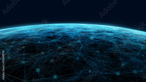 Technology background transmission lines Earth/Connection lines around Earth globe. Global international connectivity background, transmission lines for goods and services and social networks. 