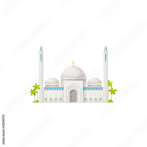 White arabian mosque building icon. Islamic religion ancient temple facade, muslim culture architecture attraction or isolated vector mosque with marble walls and golden crescents on minaret towers