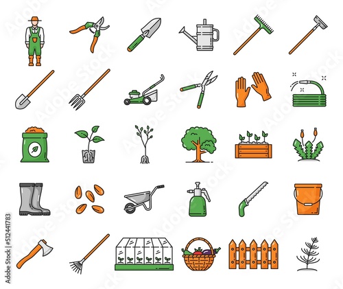 Agriculture farming and gardening icons of farmer tools, vector farm equipment. Garden shovel and rake with watering can and wheelbarrow, gardening secateurs, spade and lawn mower with pruner