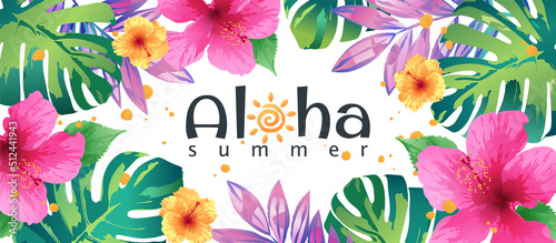 Aloha summer background decorated with hibiscus flowers and tropical leaves on white background. Template for fashion ads, horizontal poster and social media