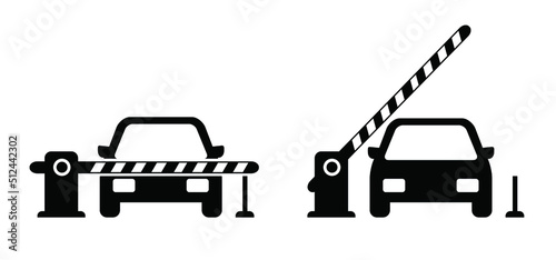 Watch out, barrier closes automatically. Cartoon car security barrier gates. Automatic barriers or boom are closing. Parking shutdown sign or symbol. Car inside a garage. Vector logo. Private parking.