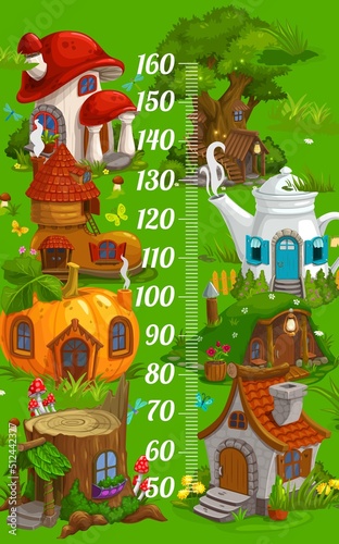 Kids height chart with magic fairy houses of cartoon elf village, vector growth measure meter. Baby height meter or child tall scale with fairy houses or gnomes dwellings in pumpkin, teapot and boot