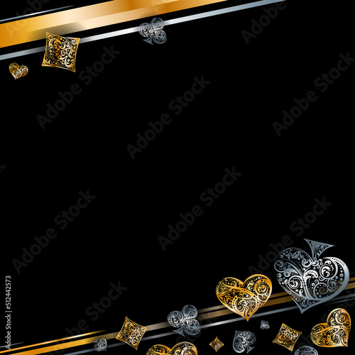 Square background with vector playing card suit symbols made by floral elements. Vintage luxury illustration in silver and golden colors on black backdrop. Poker banner