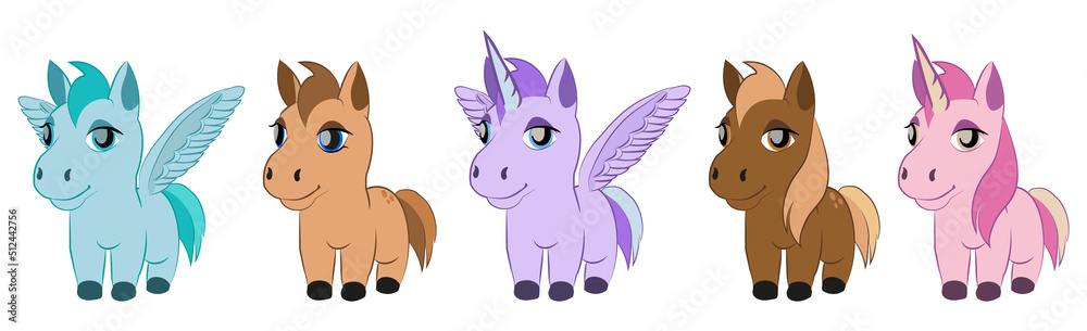 Cute cartoon colorful pony, unicorn, pony with wings. Vector illustration.