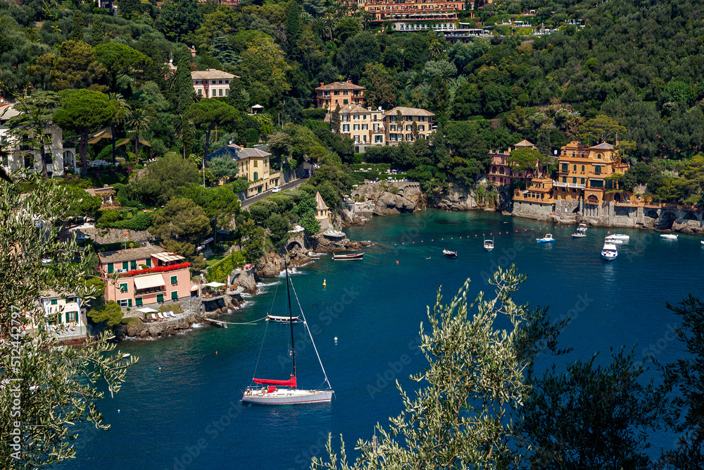 Aerial view of Portofino bay in Italy.