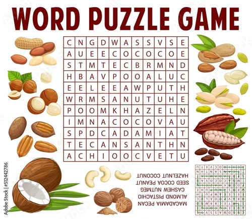 Nuts and kernels word search puzzle game vector worksheet. Kids quiz grid or education riddle with cartoon nut food, peanut, almond, pistachio and hazelnut, nutmeg, coconut, cashew and macadamia