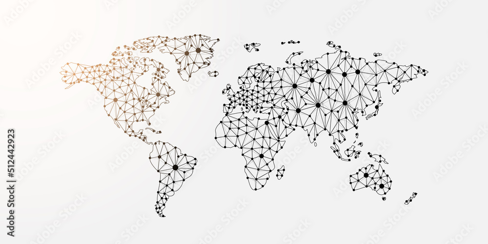 World Map 3d low poly symbol with connected dots. Geography, travel, cartography design vector illustration. Earth planet polygonal wireframe
