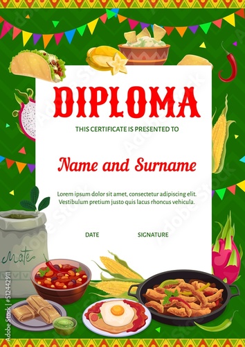 Chef diploma, Mexican cuisine meals, fruits and tea, cooking school vector certificate. Chef diploma award for food classes or culinary workshop with Mexican cuisine food, tacos, pozole and nachos