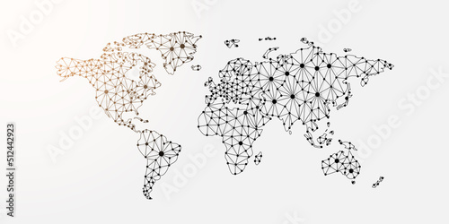 World Map 3d low poly symbol with connected dots. Geography, travel, cartography design vector illustration. Earth planet polygonal wireframe