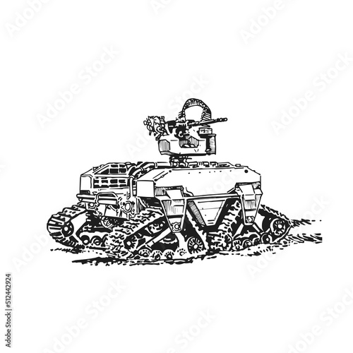 Ground attack drone hand graphic drawing. Military equipment