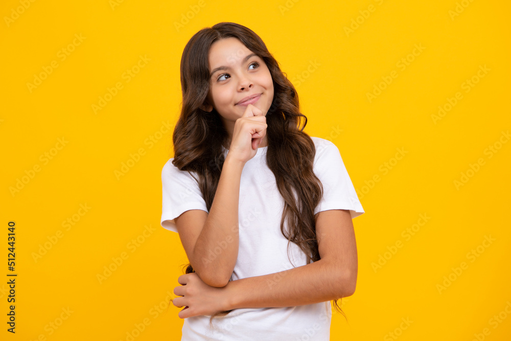 Doubtful thoughtful teenager child girl dreaming, imagining something, creating idea. Thinking pensive clever teenager girl.